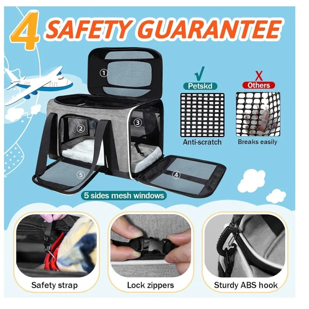 Petskd Gray Top-Expandable Soft-Sided Pet Carrier for Small Cats and Dogs NEW